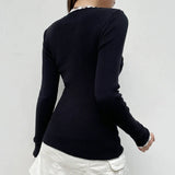 IFOMT 2024 Fashion Woman tops y2k style Black Patched Ruched Long Sleeves Sweater