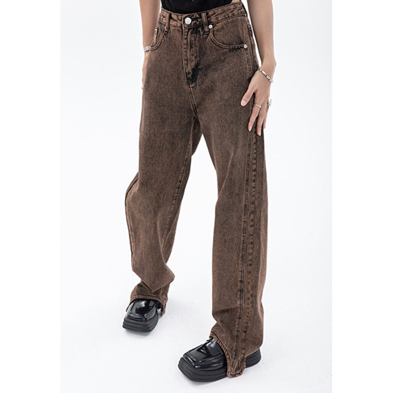 Ifomt Brown Womans Jeans High Waist Denim Trouser Baggy Streetwear Arc Design Ladies Autumn Vintage Wide Leg Straight Loose Jean Pants