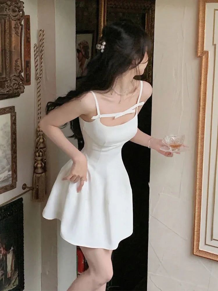 Ifomt Sweet Cute Suspender Bow Dress Women's Summer French Design Sense Thin Short Dresses Youth Clothes One Piece Dress Korean