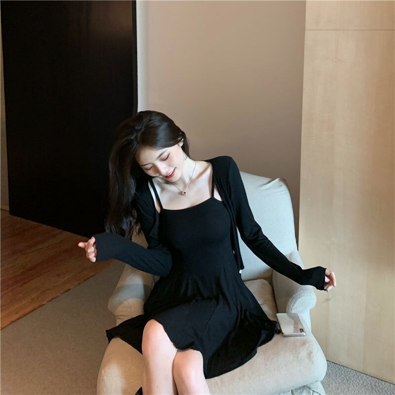 Ifomt Korean Dresses For Women 2022 Summer Trend Slim Sweet Two Piece Set Sexy Suspender Dress Set Casual Long Sleeve Short Coat Kpop
