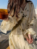Ifomt V-Neck Casual Beach Party Dress Women Frehcn Vintage Floral Office Lady Midi Dress 2023 Summer Chiffon One Piece Dress Korean