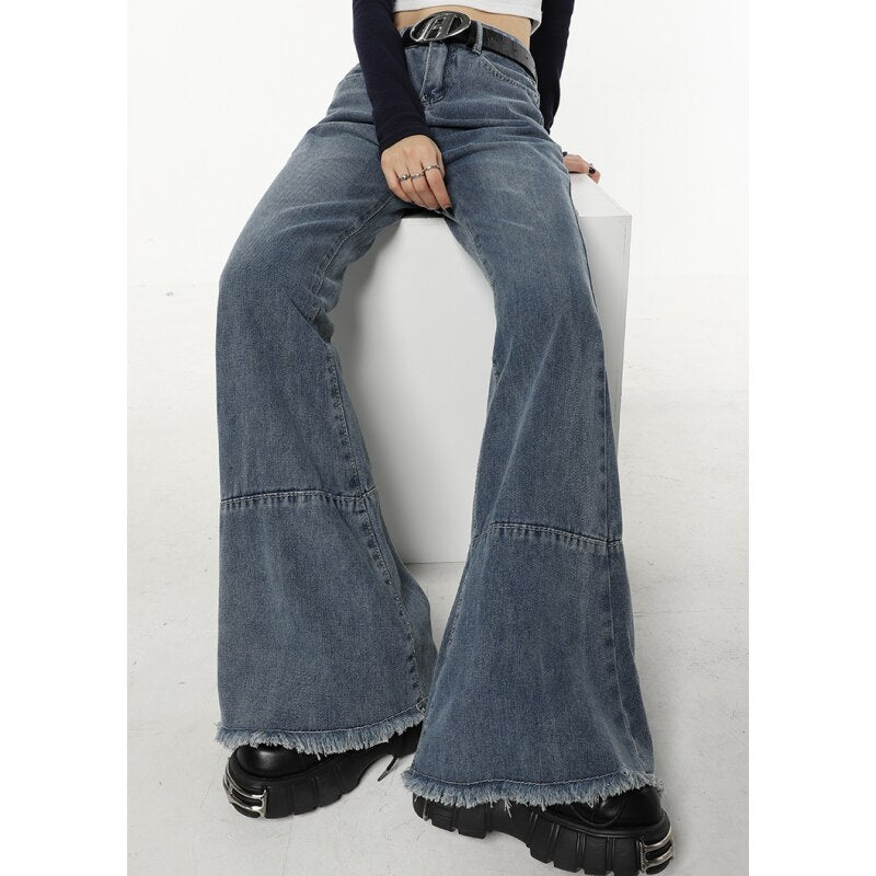 Ifomt Blue Women Jeans Flare Pants High Waist Splicing American Fashion Oversize Streetwear Style Female Denim Wide Leg Baggy Trouser