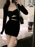 Ifomt Elegant Vintage Dress Women Autumn Long Sleeve Square Collar Evening Dresses Slim Y2k Black Bodycon Dress