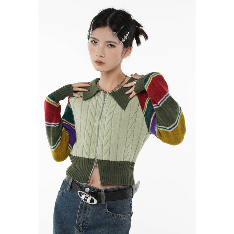 Back to school Women Green Stripe Short Sweater POLO Collar Color Contrast Fashion Retro Lazy Wind Winter Long Sleeves Knitting Cardigan Coat