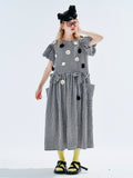 Ifomt original design black and white plaid flower embroidered dress A-line skirt short sleeve summer women's dress