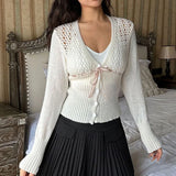 IFOMT 2024 Fashion Woman tops y2k style White Buttons Hollow Out Knit Sweater