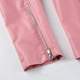 IFOMT 2024 Fashion Woman tops y2k style Pink Stripe Spliced Zip-Up PU Leather Jacket