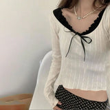 IFOMT 2024 Fashion Woman tops y2k style White Patched Slim Bow Long Sleeves Top