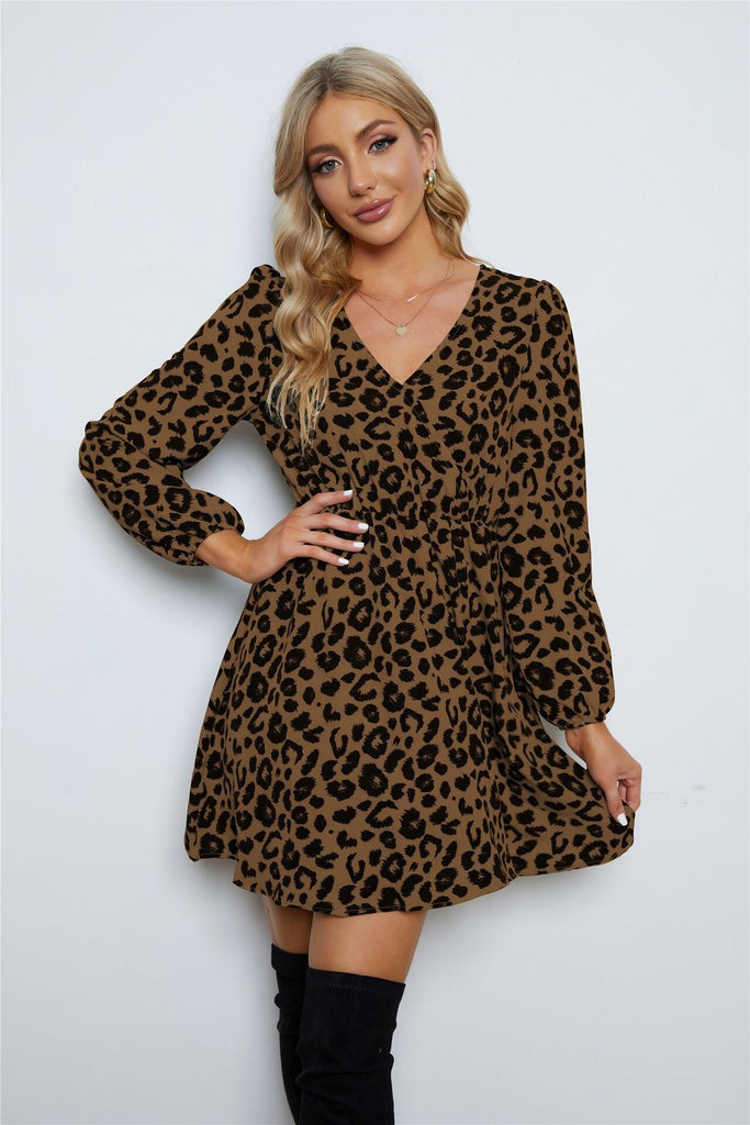 2023 Fashion Floral V-neck Bodycon Leopard Print A-line Dress Women Mini   Party Club Long Sleeve Dresses Vestidos Clothes