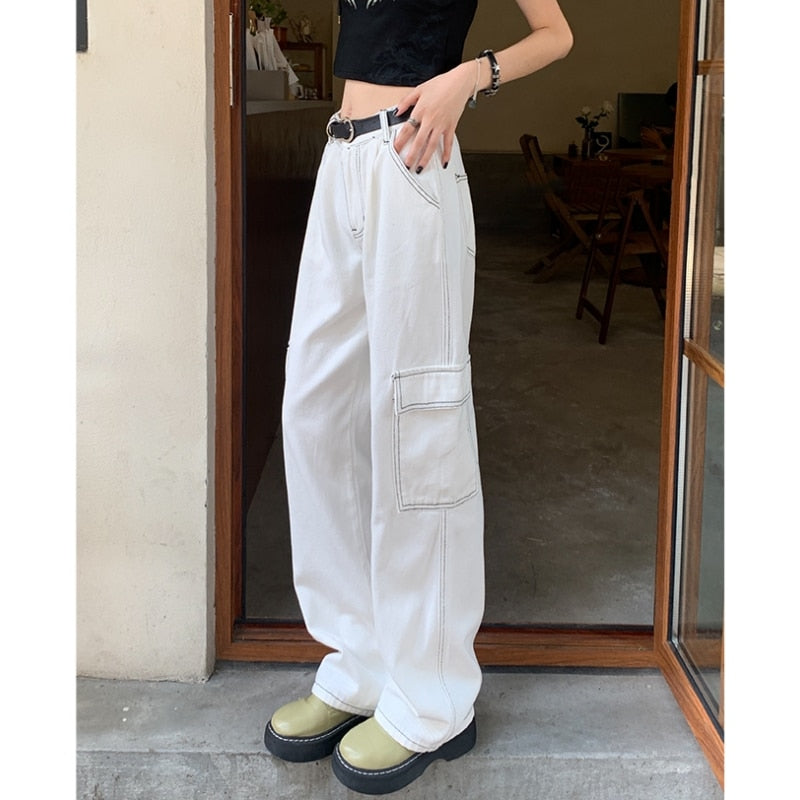Back to school White Women Jeans Overalls High Waist American Fashion Vintage Wide Leg Jean Female Denim Trouser Straight Baggy Denim Pants