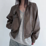 IFOMT 2024 Fashion Woman tops y2k style Vintage Brown PU Leather Zipper Jacket