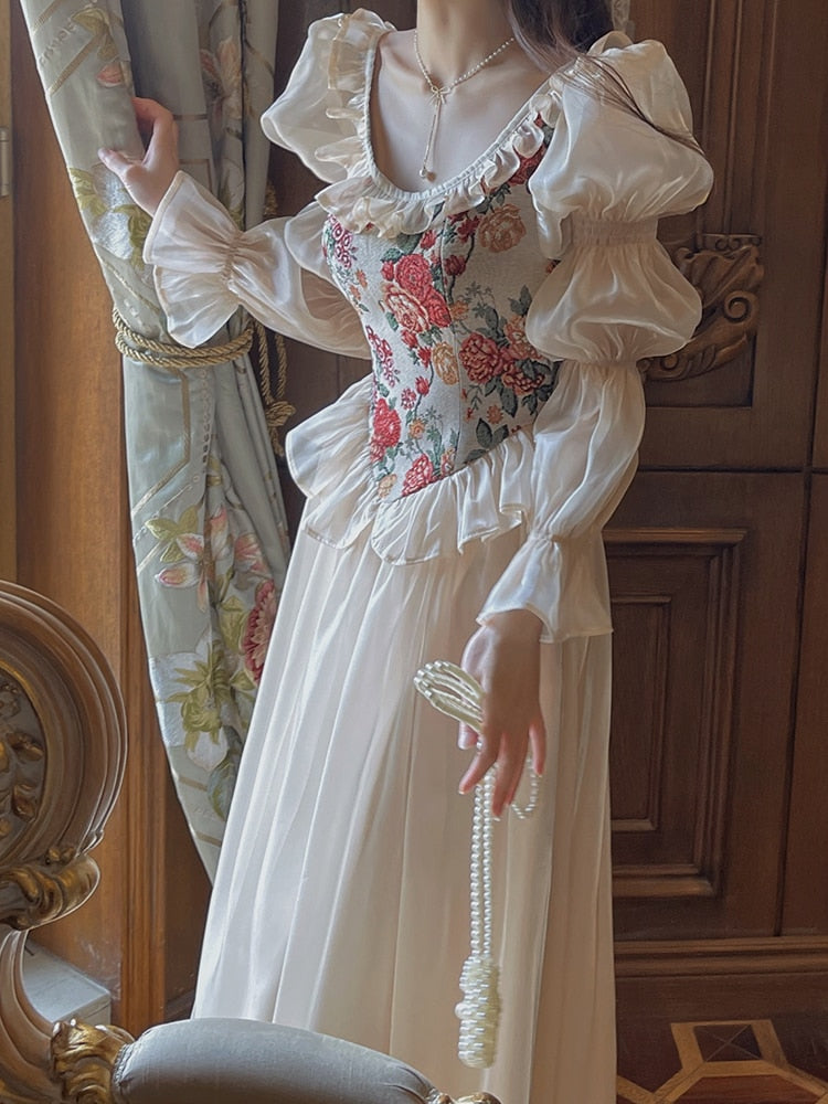 Ifomt Vintage Print Elegant Dress Women 2022 Autumn O-Neck Casual Evening Midi Dress Female Puff Sleeve Korea Fairy Dress