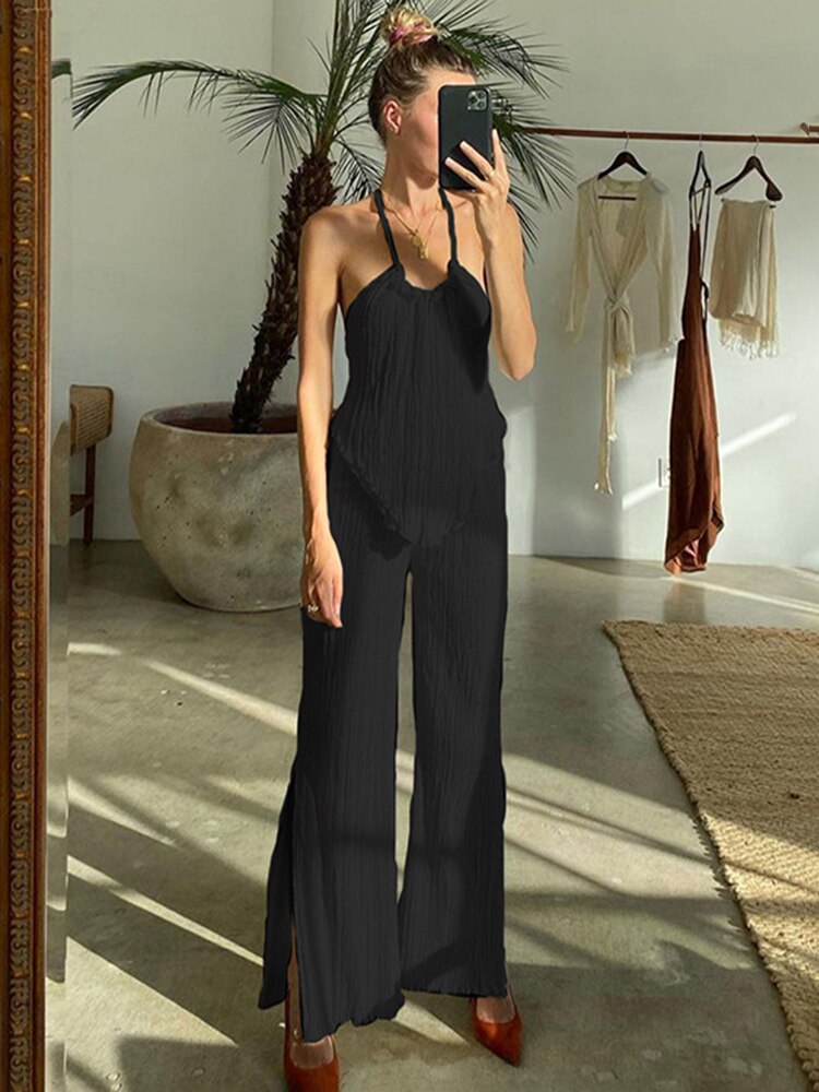 Ifomt Backless Halter Tops Sets Woman Fashion 2 Pieces Summer Solid Pleated Trouser Suits Elegant High Waist Loose Slit Pants Set