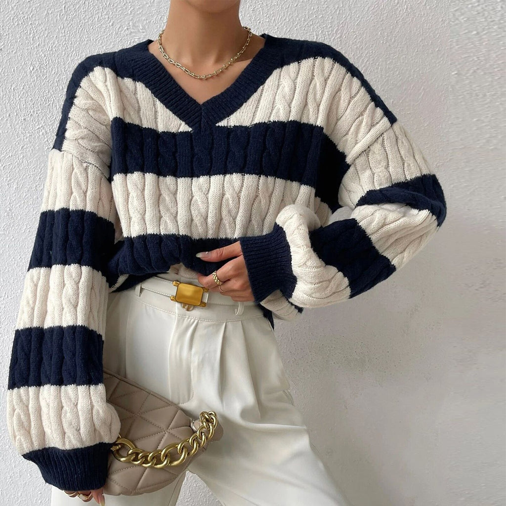 Ifomt Striped Drop Shoulder Sweater Fashion Women Loose Sweater Long Sleeve Simple Knitwear V-Neck Contrast Casual Sweater Top Fall Outfits 2023