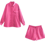 Ifomt 2023 Summer Long Sleeve Solid Blouse And Loose Shorts Women Sets