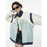 Ifomt Women Light Blue Denim Jacket Outwear Polo Collar Splicing Fashion Vintage Street Style Coat Tops Winter New Fall 2023 Outfits