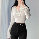 IFOMT 2024 Fashion Woman tops y2k style Basic Buttons Long Sleeves Crop Knit Top