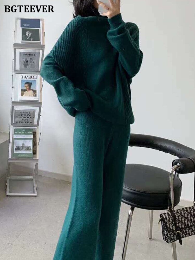 Ifomt  Autumn Winter Knitted Trousers Set Women Turtleneck Pullovers & Wide Wide Pants Thick Warm Female Sweater Set