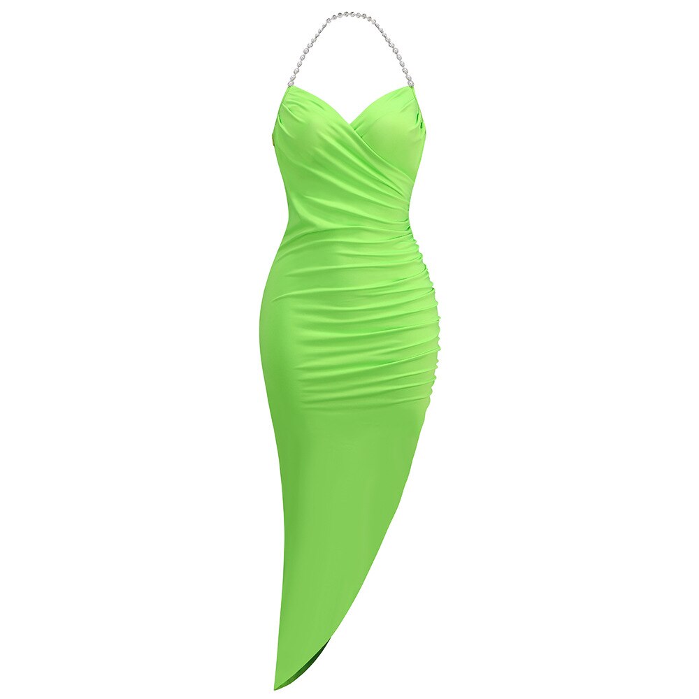 Ifomt 2023 Sexy V-Neck Sleeveless Sexy Solid Green Beach Vocation Split Asymmetric Dress