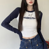 Ifomt Y2K Embroidered Letter T Shirt Women Korean Fashion Long Sleeve Slim Crop Top Spring Patchwork O-Neck Tops Harajuku Streetwear