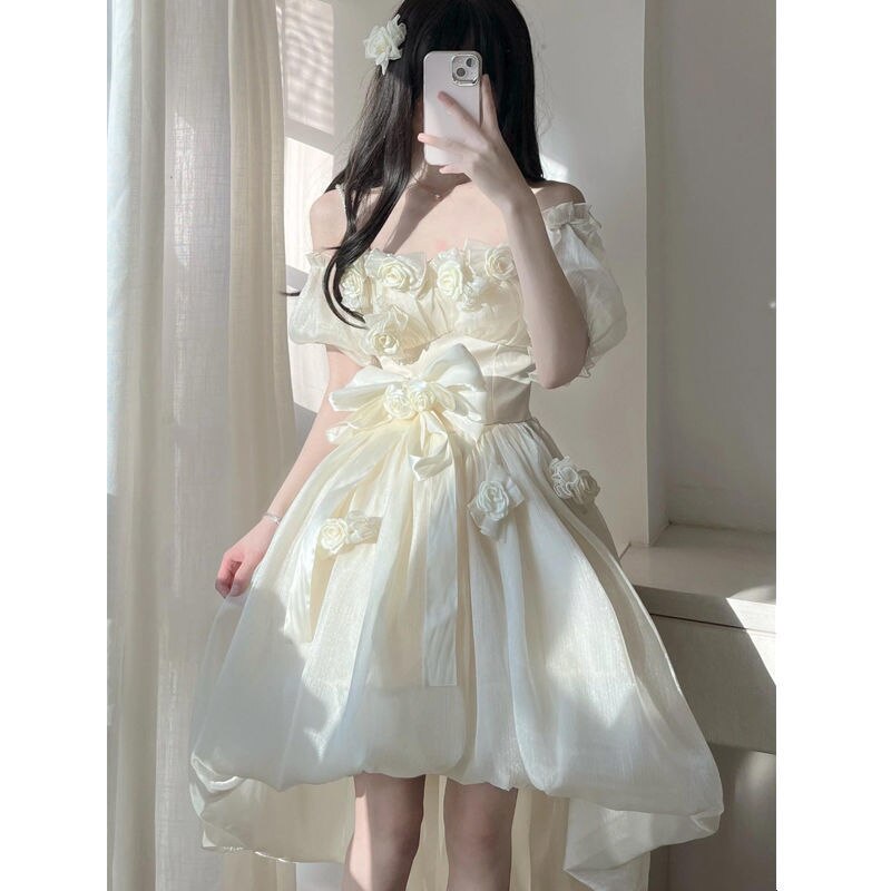 Ifomt French Chic Suspender Lolita Dress Women Summer Spring 2023 Gentle Kawaii Flower Dress Design Sweet Korea Puff Sleeve Dresses