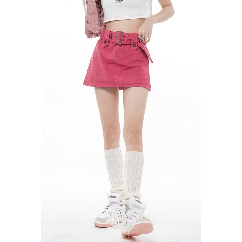 Graduation Gift Women's Vintage Denim Pink Half Body Skirt Korean Fashion Design High Waist Wrap The Buttocks A-Line Short Skirt Ladies Summer