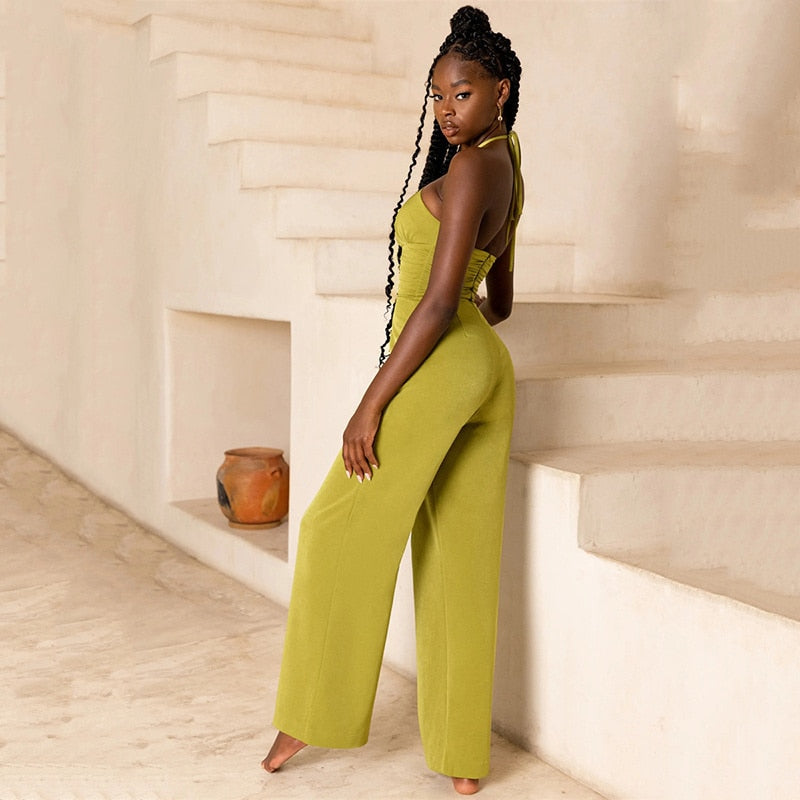 2023 Summer Rompers Womens Jumpsuits Halter Wide Leg Straight   Long Jumpsuit For Women Backless Overalls
