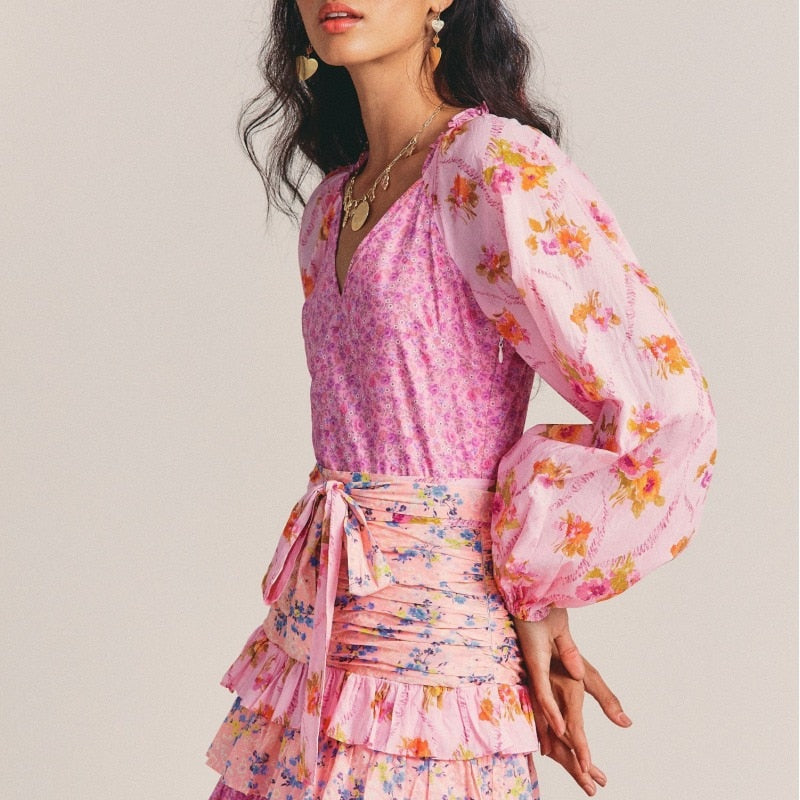 Ifomt 2023 Autumn Floral Print Long Sleeve Ruffled Ruffled Mini Dress Patchwork A-Line Women Dress