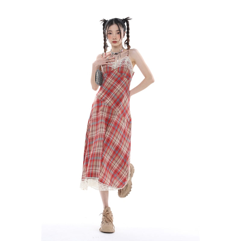 Back to school Women's Wear Strap Dress Lace Plaid Chic Slim Skirt Backless Summer French Vintage Sleeveless Suspender Mid-length Skirt