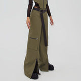 Ifomt Retro Green Cargo Pants Women Buckle Sashes Split Zipper Fashion Pockets Stitch Vintage Streetwear Straight Trousers