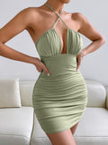 Back to college Green Strapless Summer Mini Bodycon Dress Women 2022 Ruched Short Sleeve Sexy Backless Club Party Dresses Female Vestido