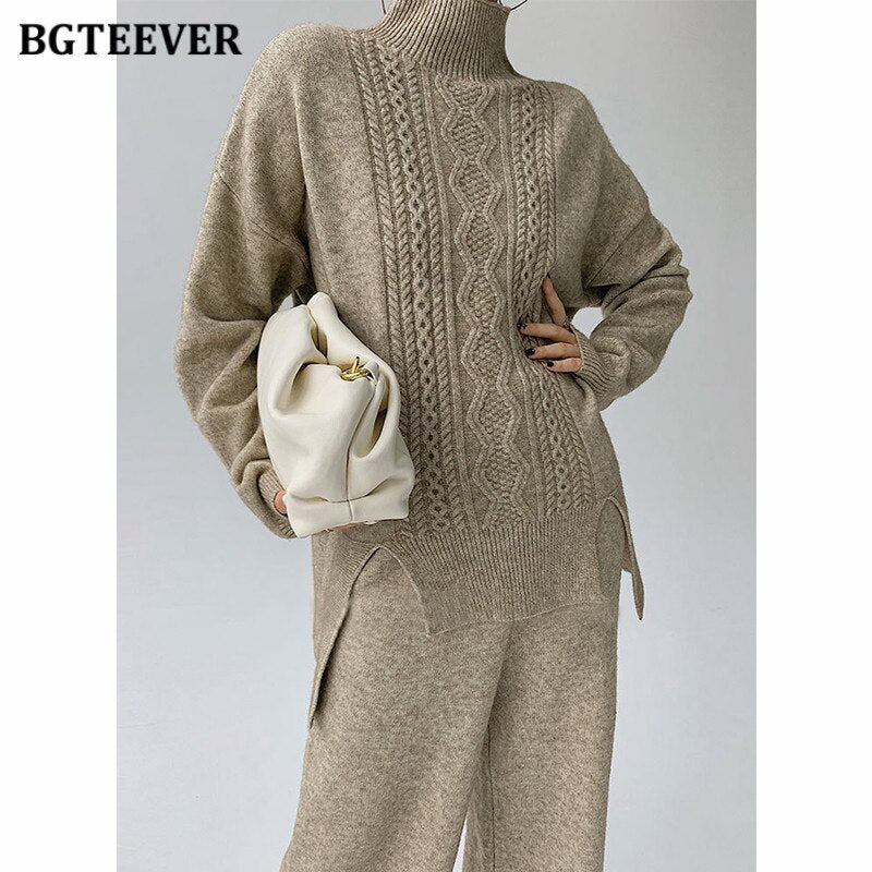 Ifomt  Autumn Winter Sweater Set Women Turtleneck Split Pullovers & Elastic Waist Wide Leg Pants Thick Warm Knitted Set Female