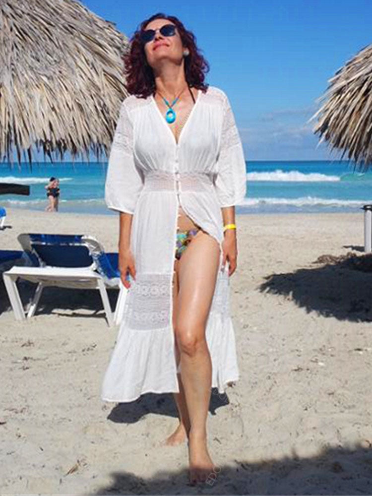 Ifomt Elegant Women Tunic Summer Fashion Long Beach Dress Sexy Patchwork Short Sleeve Front Open White Robe Dress Pareos Q561