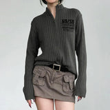 IFOMT 2024 Fashion Woman tops y2k style Vintage Brown Letter Zip Up Knitted Sweater