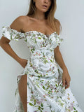 IFOMT Summer Floral Shoulder Puff Sleeve Maxi Dress Split