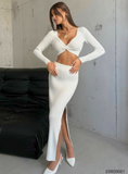IFOMT 2024 New Fashion Dress Woman Style  V-Neck Crop Slit Maxi Skirt Set in Ecru - Noxlook