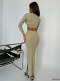 IFOMT 2024 New Fashion Dress Woman Style  V-Neck Crop Slit Maxi Skirt Set in Beige - Noxlook