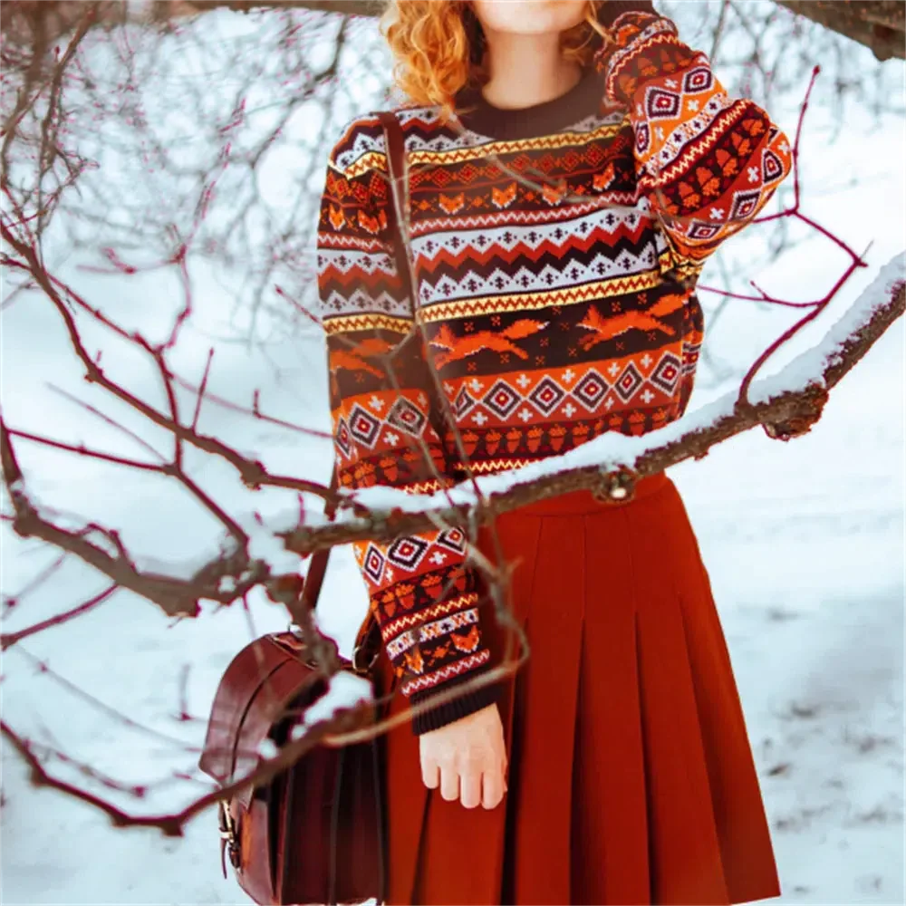 Ifomt Vintage Fox Embroidered Christmas Sweater