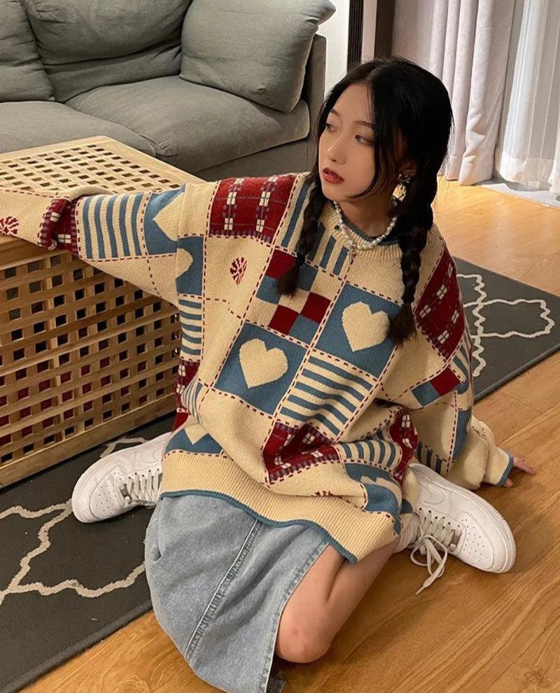 Ifomt Vintage Heart Pattern Sweater