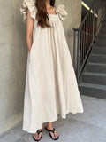 IFOMT 2024 New Fashion Elegant Square Neck and Fungus Trim Paneled Pleated Fly Sleeve Dress
