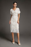 Ifomt - White Lace Overlay V-Neck Rhinestone Detail Midi Dress