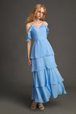 Ifomt - Light Sky Blue Ruffled Cold Shoulder Tiered Maxi Dress