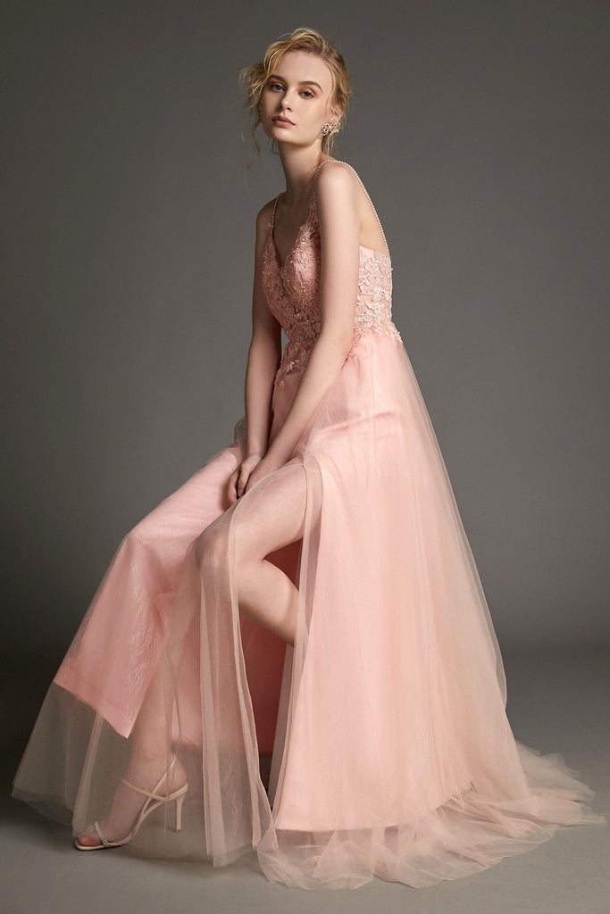 Ifomt - Pink Lace & Tulle V-Neck Backless Maxi Dress