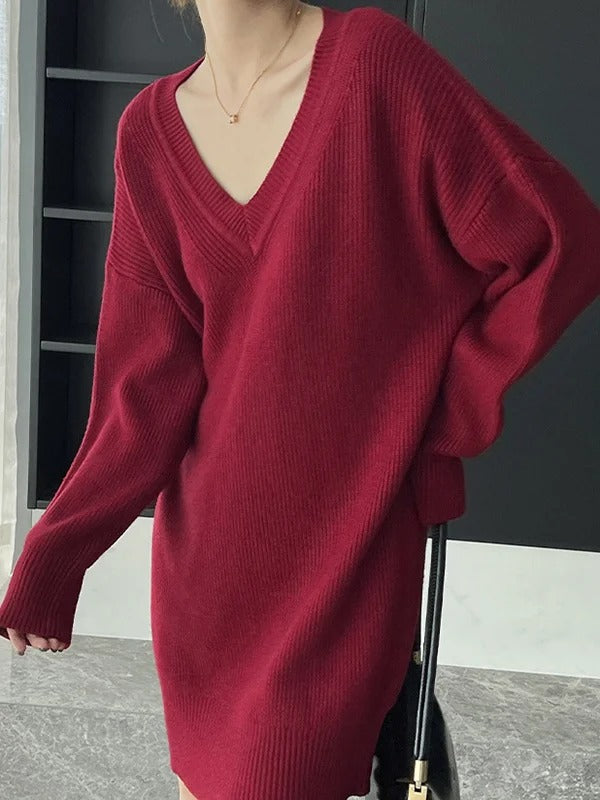 IFOMT 2024 New Fashion Elegant Simple Loose Long Sleeves Solid Color V-Neck Sweater Dresses