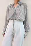 Ifomt White High Neck Tie Detail Striped Blouse