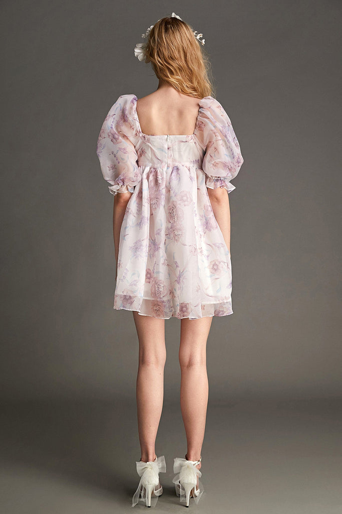 Ifomt - Plum Organza Floral Print Square Neck Puff Sleeve Babydoll Mini Dress