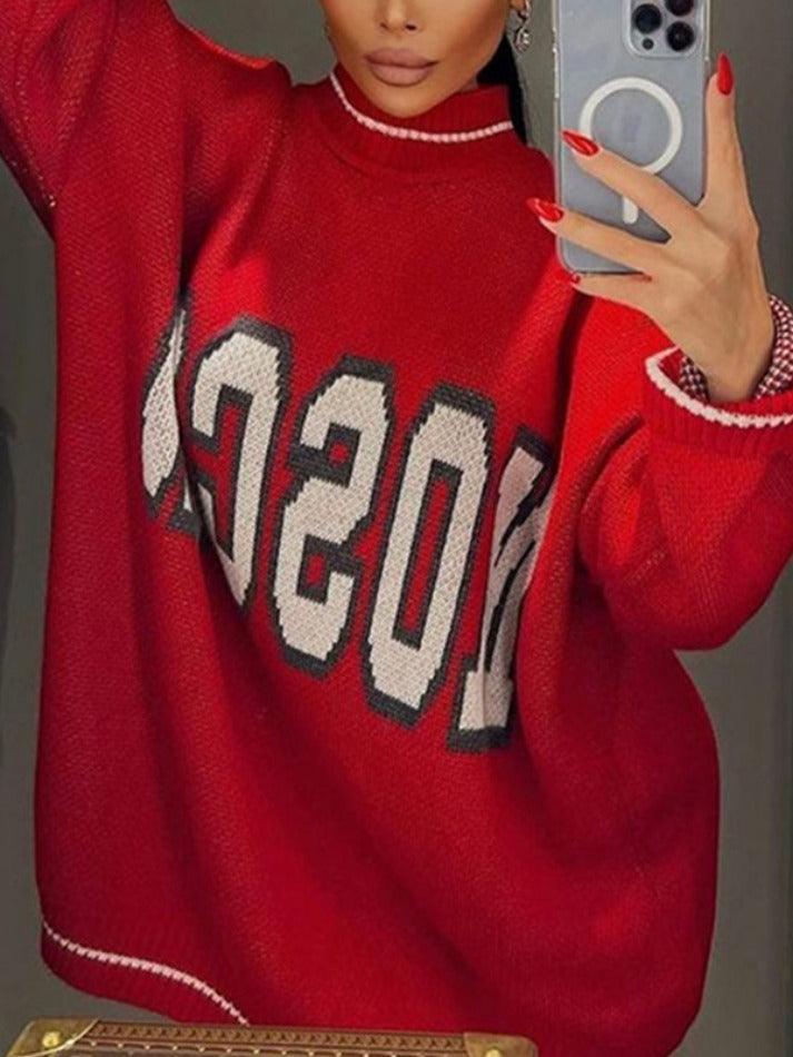 Ifomat American Style Contrast Color Letter Print Loose Sweater
