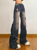 Ifomat Asymmetric Pocket Distressed Ripped Burr Boyfriend Jeans