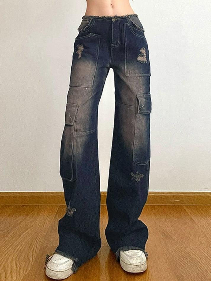 Ifomat Asymmetric Pocket Distressed Ripped Burr Boyfriend Jeans