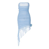 IFOMT Appliqué Detail Ruched Mesh Strapless Bodycon Mini Dress - Blue